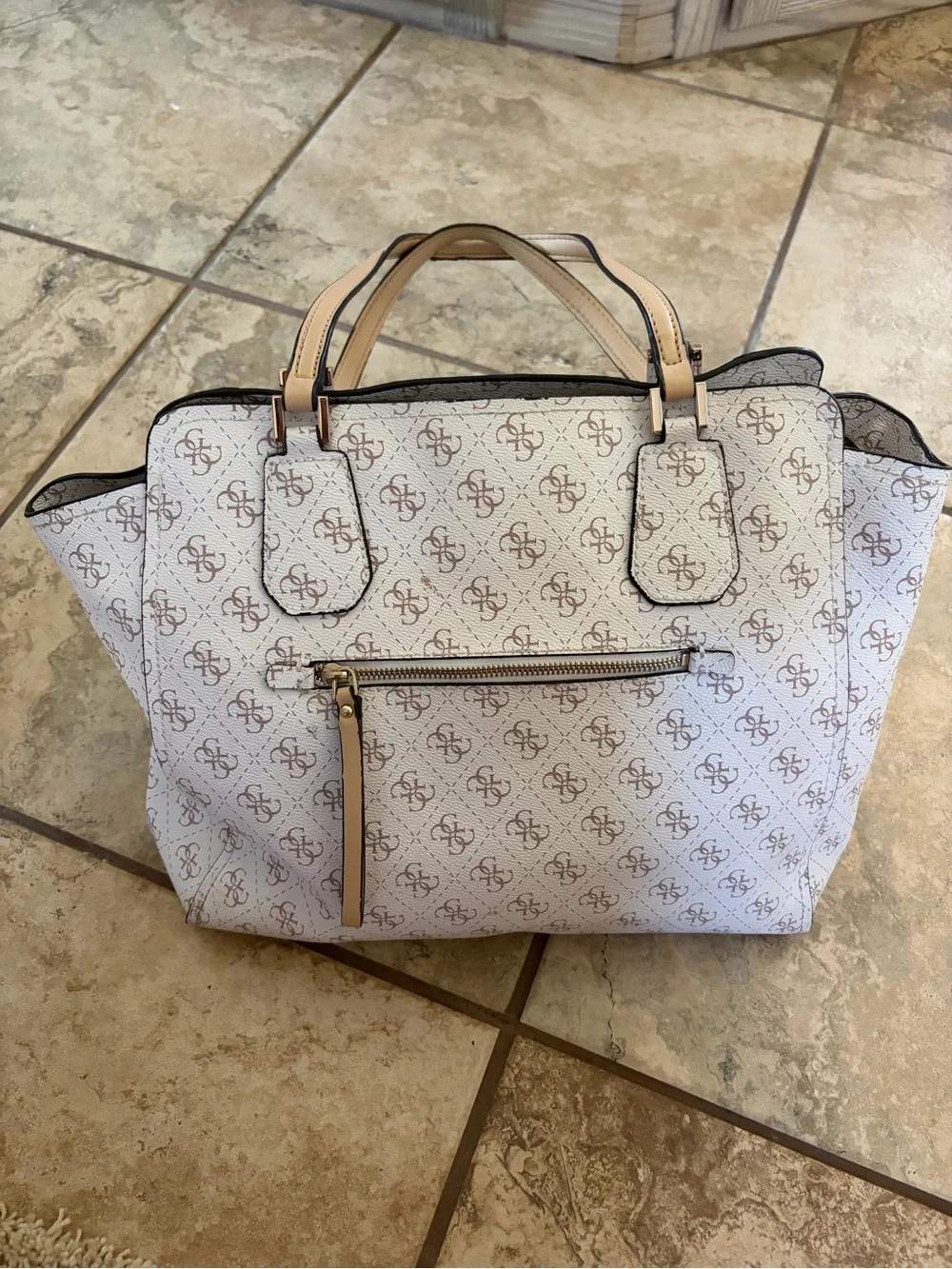 GUESS Cream and Brown Logo-Print Tote